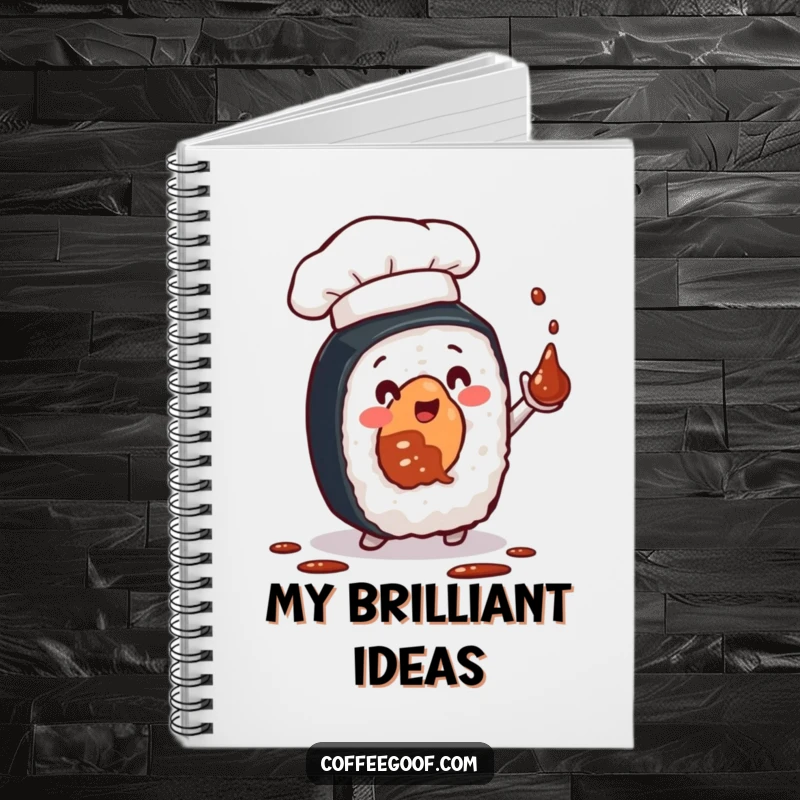 Funny notebook with a sushi roll chef juggling soy sauce, perfect for jotting down recipes or daily musings with a humorous twist.