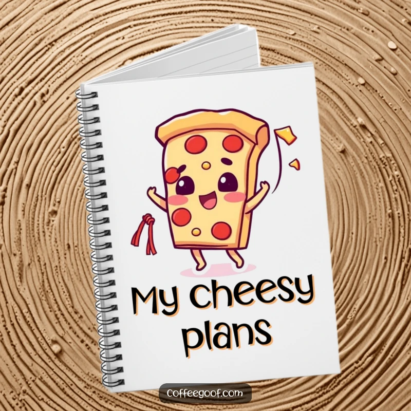 Funny notebook with a beaming pizza slice character throwing a string of cheese, perfect for jotting down tasty ideas.