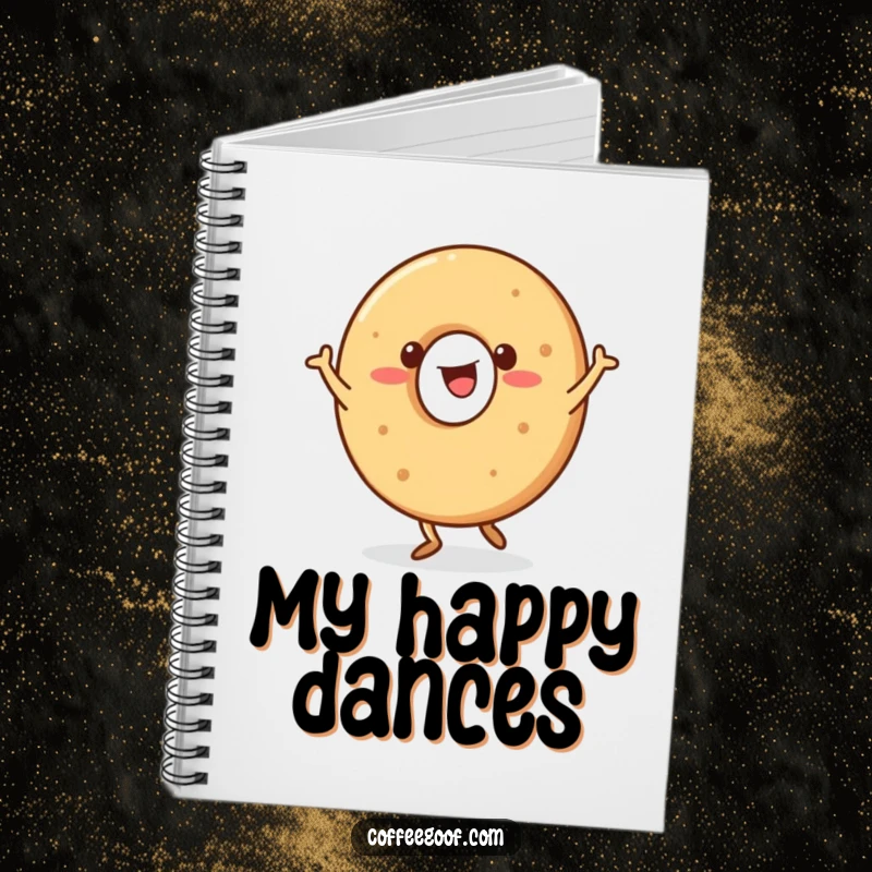 Funny Bagel Notebook featuring a happy bagel character doing a jig, perfect for notes and doodles.