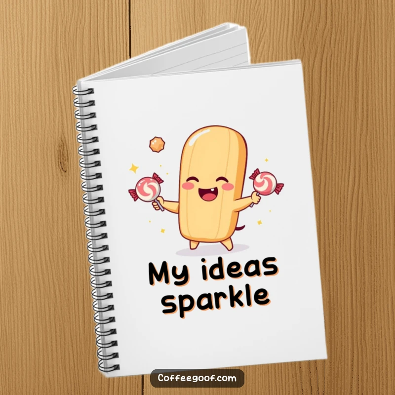 Funny notebook cover art showing a cheerful baguette character juggling sparkling candies.