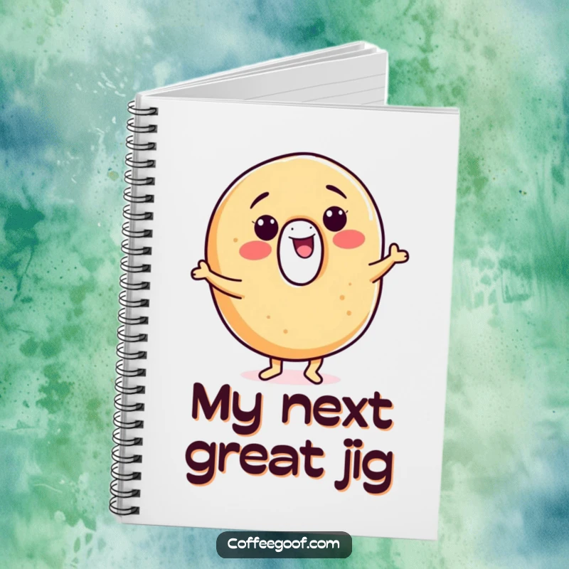 Funny bagel notebook, a smiling character doing a cheerful jig, perfect for writing, planning, or doodling.