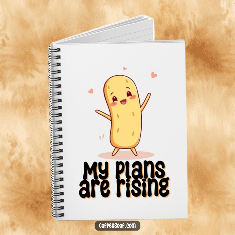 Funny Baguette Notebook featuring a smiling anthropomorphic baguette balancing playfully, ideal for notes and creative ideas.
