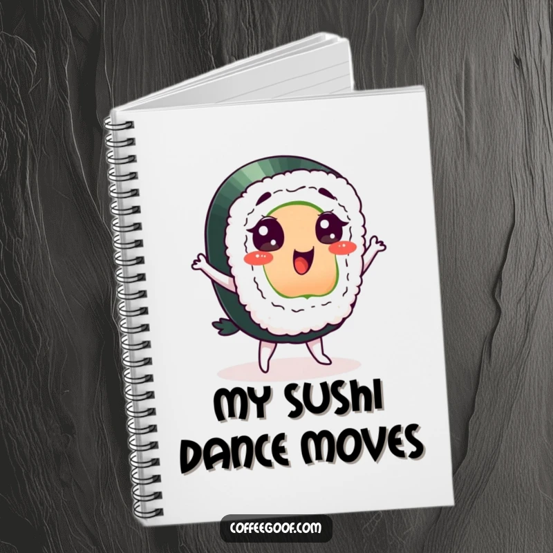 Funny sushi notebook, a delighted character doing a silly dance, perfect for writing, planning, or doodling delicious ideas.