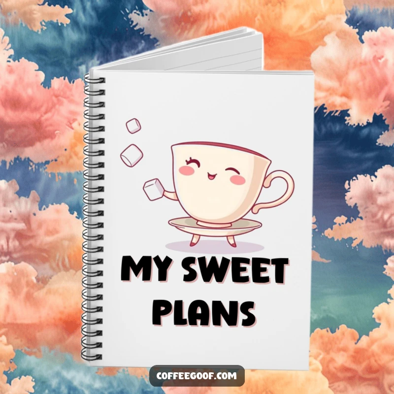 Funny Teacup Notebook featuring a winking character juggling sugar cubes, perfect for notes and doodles.