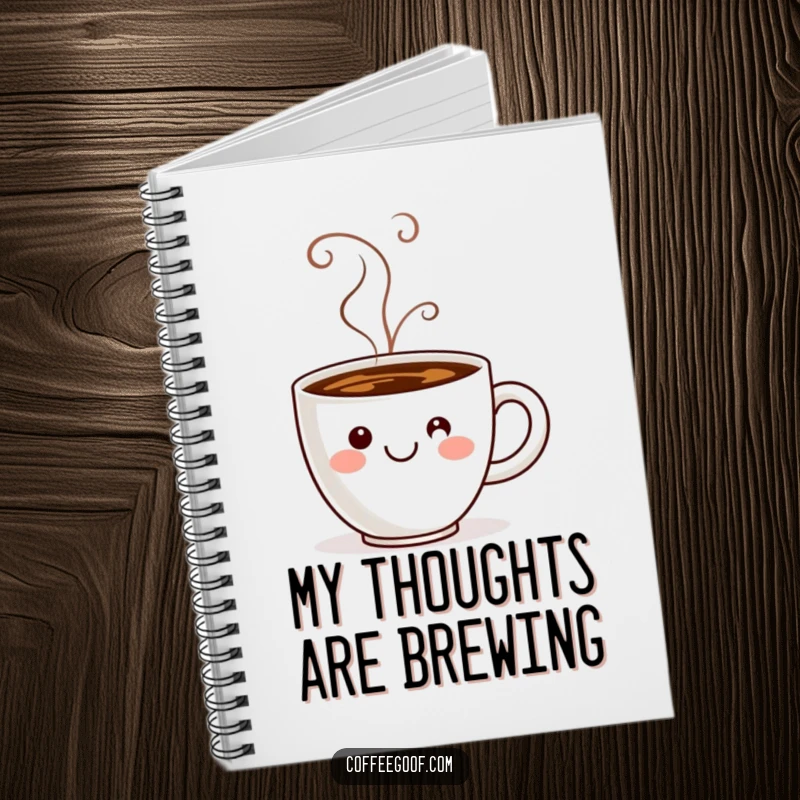 Funny coffee cup with steam forming a smiley face, featured on a notebook cover for cheerful writing.