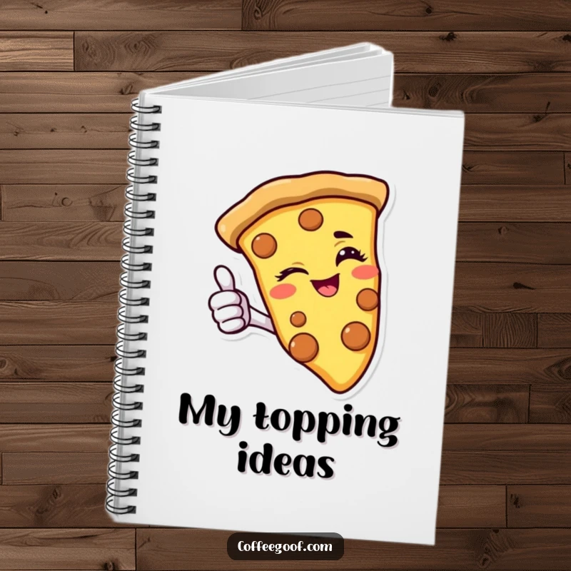 Funny pizza notebook featuring a winking slice giving a thumbs-up, ideal for jotting down notes and creative ideas.