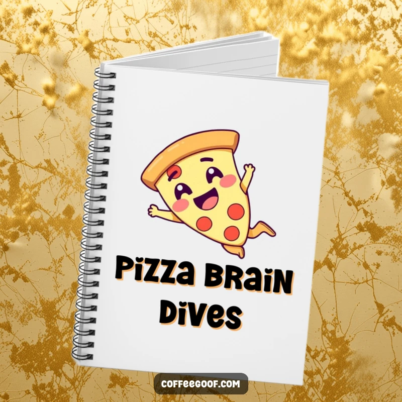 Funny giggling pizza slice character doing a comical dive on the cover of a notebook, encouraging delicious ideas and humor.