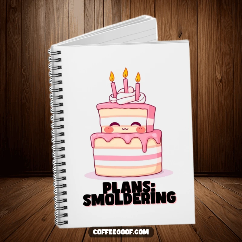 Funny Cake Notebook with a proud cake character blowing out small whimsical birthday candles, perfect for jotting notes.