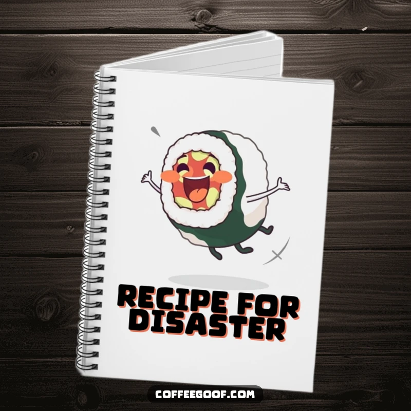 Funny Sushi Roll Notebook: Excited sushi roll character in a wobbly spin, ideal for jotting down food ideas and notes.