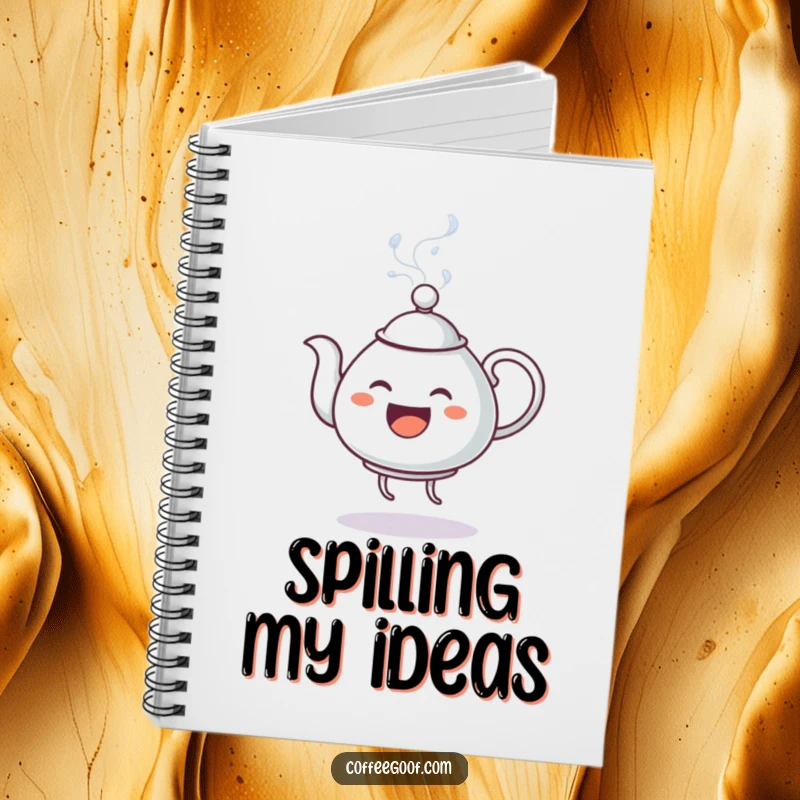 Funny Notebook: Shows an anthropomorphic teapot dancing and spouting steam, ideal for jotting notes with a humorous, artistic flair.