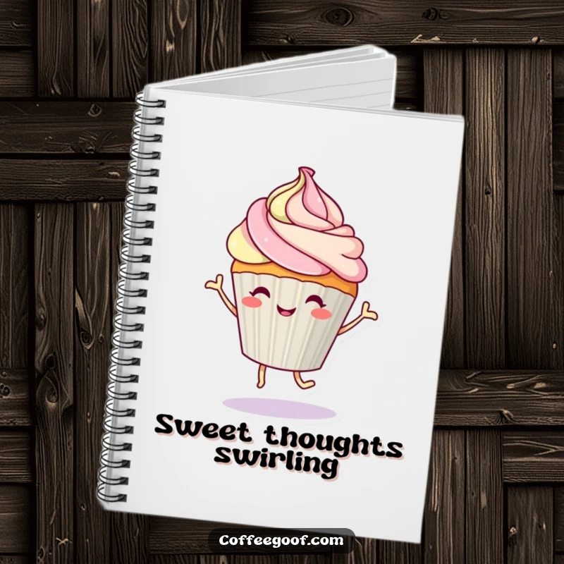 Funny cupcake character dancing with a frosting swirl on the cover of a notebook, inspiring sweet thoughts and creativity.