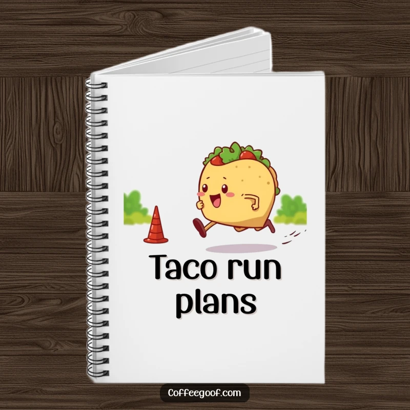 Funny notebook cover featuring a taco with legs sprinting towards a finish line. Ideal for journaling, notes, or capturing fast ideas.