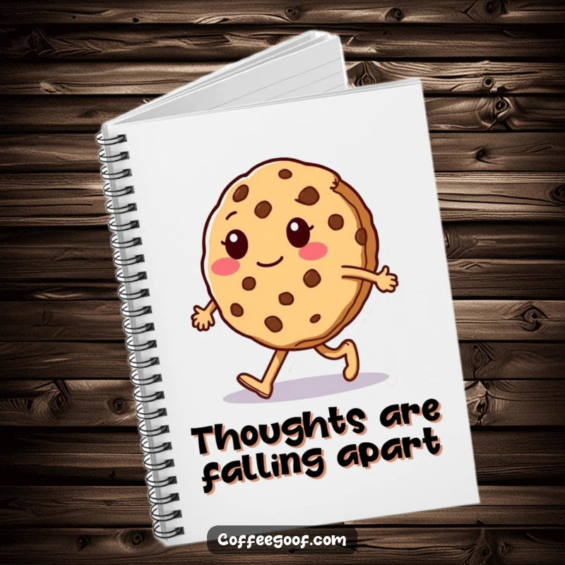 Funny Notebook: Shows a sentient cookie character doing a silly walk and crumbling, ideal for jotting notes with a humorous, quirky flair.