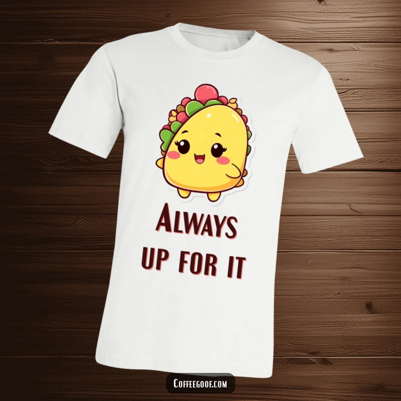 Funny t-shirt with a playful taco character, shell slightly ajar, winking mischievously, perfect for taco Tuesdays and beyond.