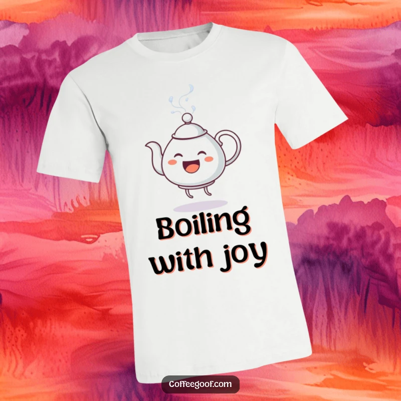 Funny T-Shirt: A cheerful, anthropomorphic teapot performs a lively dance, vigorously spouting steaming water in a humorous, energetic display.