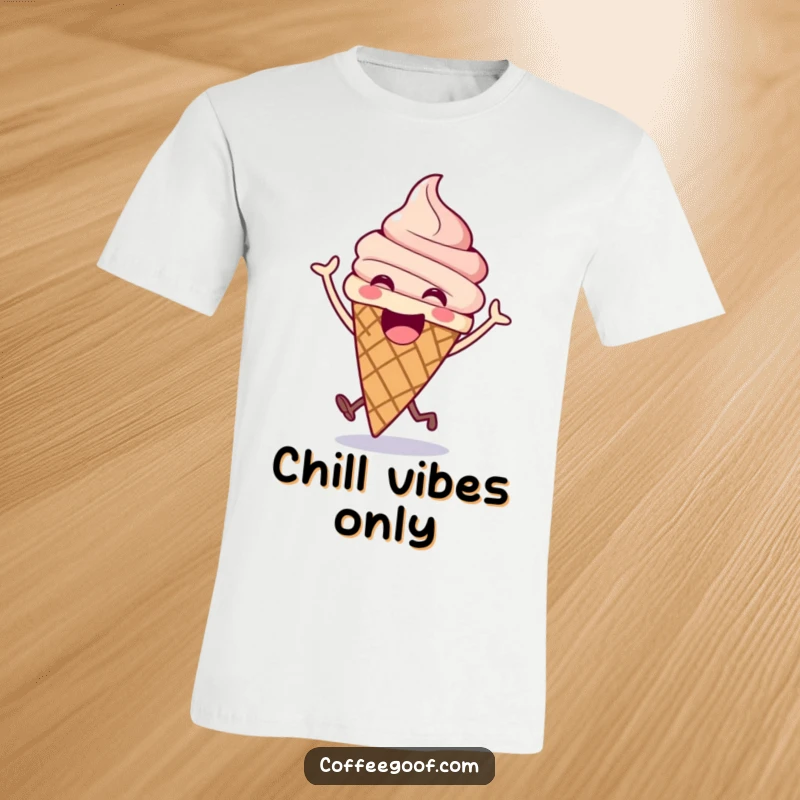 Funny ice cream t-shirt featuring an excited cone doing a happy bounce, full of playful energy and sweet charm.