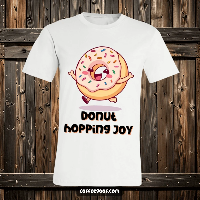 Funny donut character with bouncing sprinkles happily hopping on a comfortable t-shirt, celebrating sweet, energetic fun.