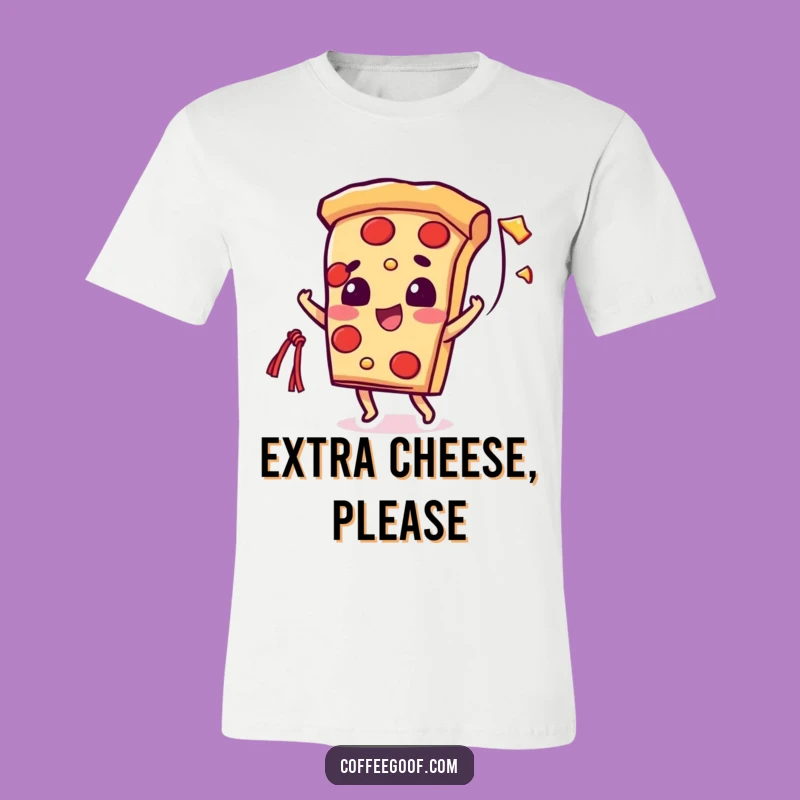 Funny Pizza Cheese String T-Shirt: Beaming Slice Character - Deliciously Humorous Apparel