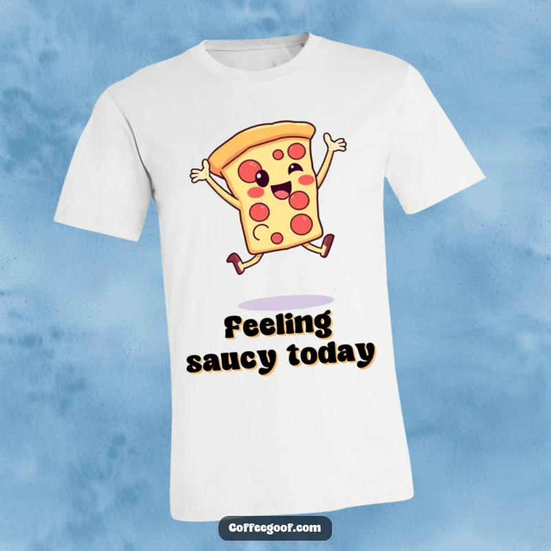 Funny T-Shirt: A joyful pizza slice with a happy face is captured mid-air during a celebratory leap, embodying pure fun.