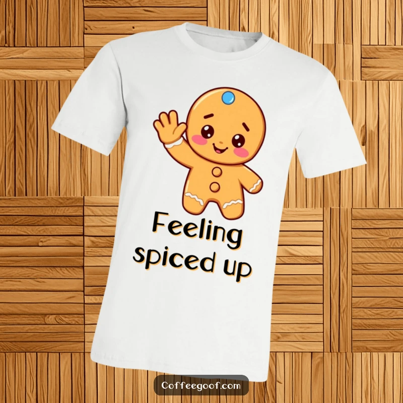 Funny gingerbread t-shirt featuring a cheerful cookie giving a friendly wave, perfect for spreading holiday cheer and smiles.