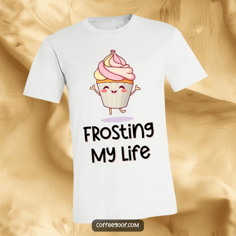 Funny cupcake character in a lively dance pose with frosting swirl on a comfortable t-shirt, celebrating sweet fun.