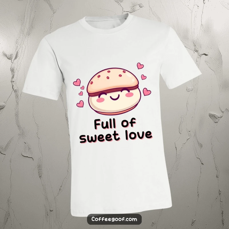 Funny smiling macaroon character with tiny hearts floating around it on a soft t-shirt, a charming dessert graphic tee