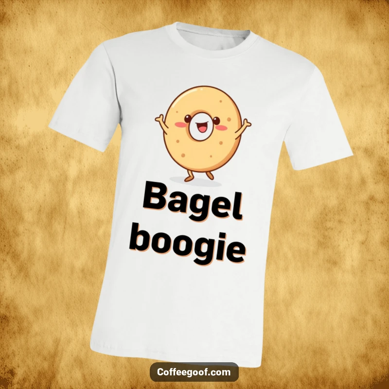 Funny Bagel T-Shirt featuring a happy bagel character doing a jig, perfect for food lovers.