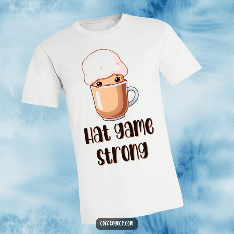Funny cup of cocoa character wearing a whimsical marshmallow hat on a soft cotton t-shirt, a cozy graphic tee