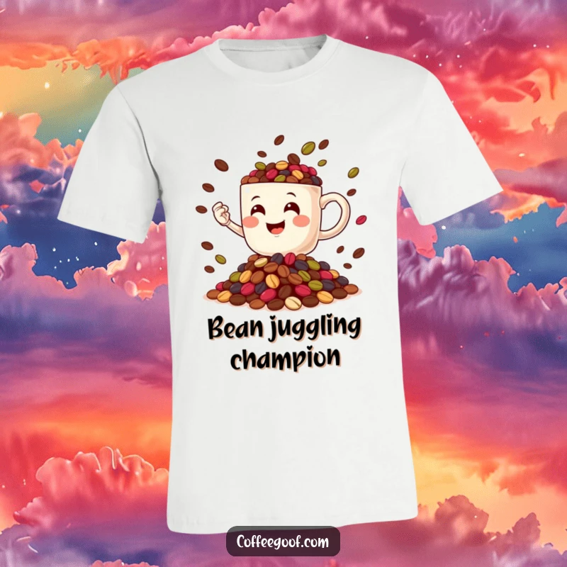 Funny Coffee Mug character smiling and juggling colorful coffee beans on a comfortable t-shirt, a hilarious sight.