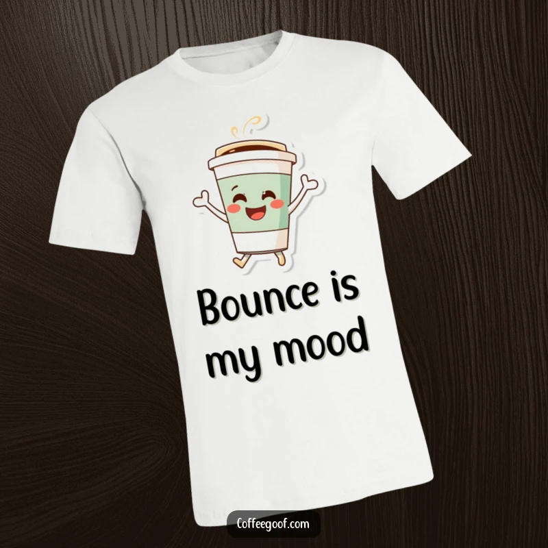Funny coffee cup t-shirt, a joyful character bouncing energetically, symbolizing happiness and a love for caffeine and fun.