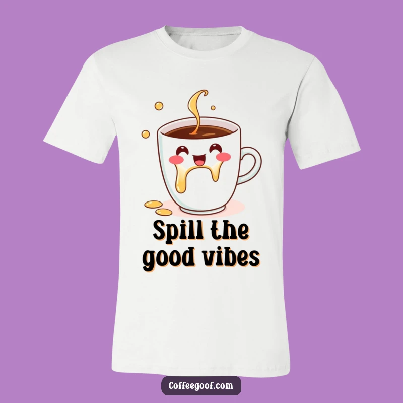 Funny Coffee Cup T-Shirt: Cheerful Character Spill Design for a Humorous Gift