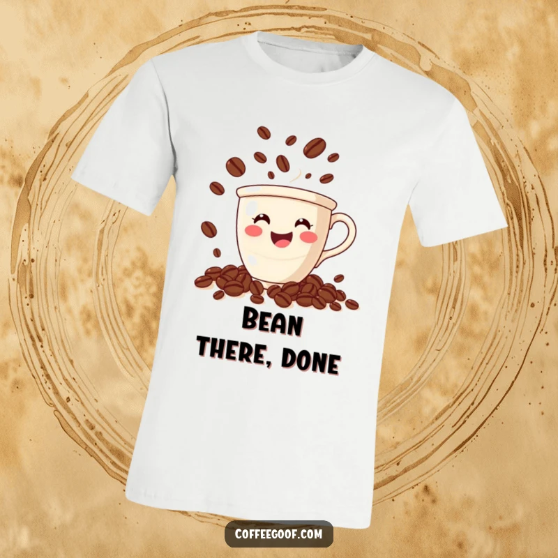 Funny coffee t-shirt with a smiling cup juggling animated coffee beans, radiating energy and a love for java.