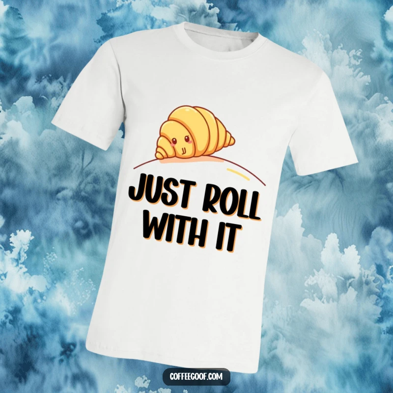 Funny Croissant T-Shirt: Cheerful croissant character rolling down a hill, showcasing baking joy and carefree spirit.