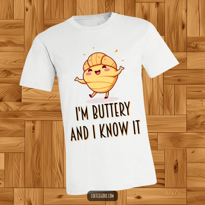 Funny t-shirt showing a happy croissant with sprinkles doing a cheerful jig, a delightful portrayal of pure, pastry-induced joy.
