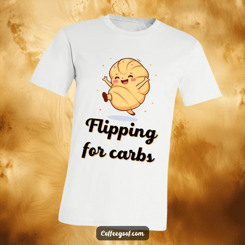 Funny t-shirt depicting a grinning croissant with sprinkles doing an energetic cartwheel, radiating pure delight.