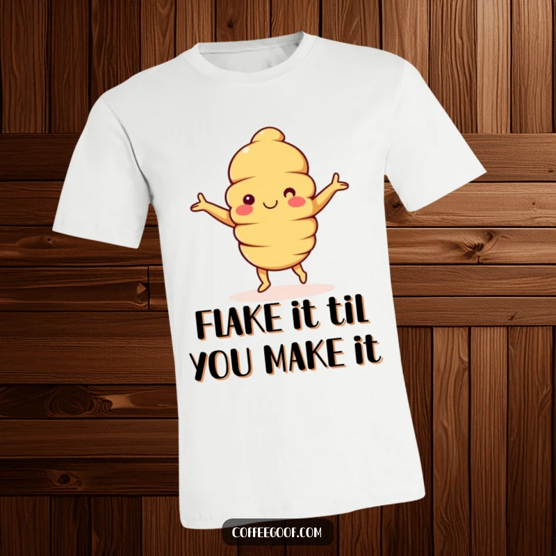 Funny Croissant T-Shirt: A happy croissant character with arms outstretched, depicted mid-dance, a cheerful and humorous wearable treat.