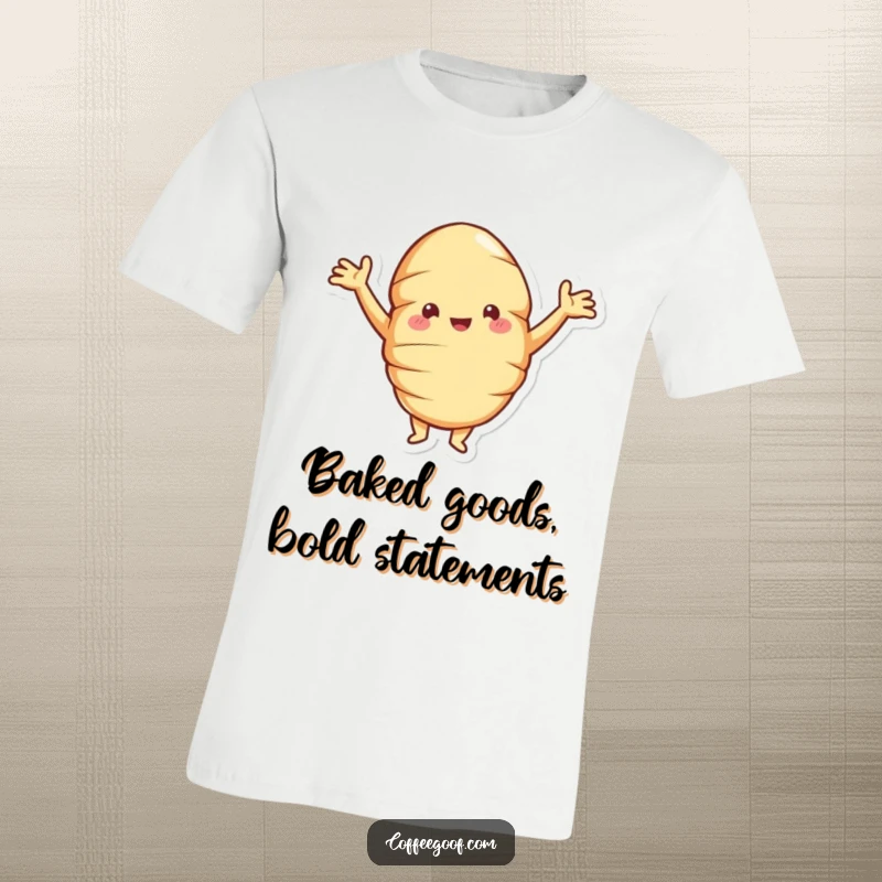 Funny croissant t-shirt showing a jolly pastry with arms akimbo, striking a proud and confident pose, perfect for food lovers.