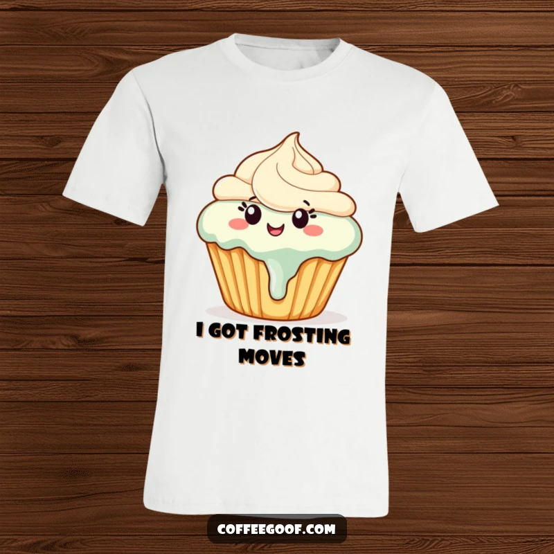 Funny cupcake t-shirt showing a happy cupcake with melting frosting dancing energetically, radiating sweet and humorous joy.
