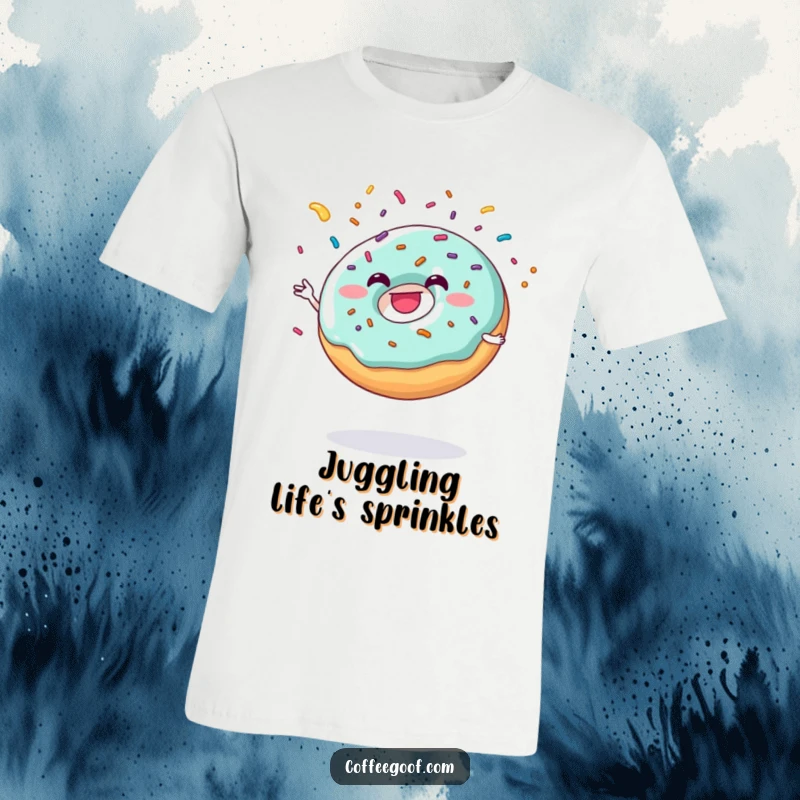 Funny donut character grinning while juggling sprinkles, printed on a t-shirt for a fun look.