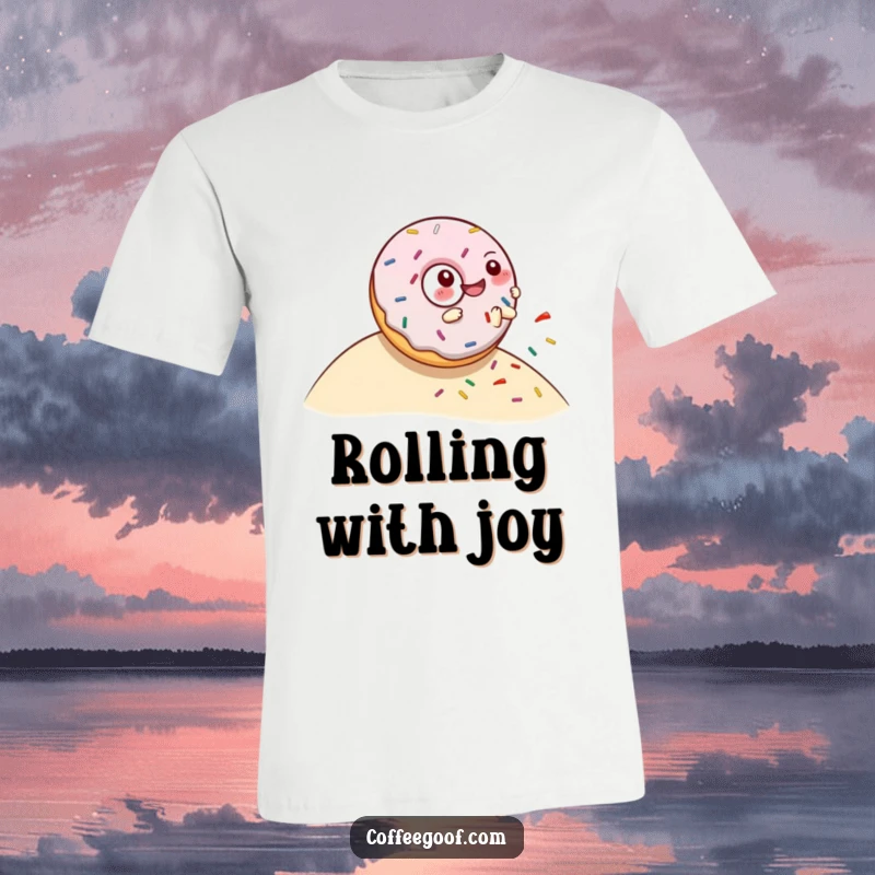 Funny t-shirt showcasing a giggling donut character in delightful motion, rolling down a grassy slope with sprinkles flying.