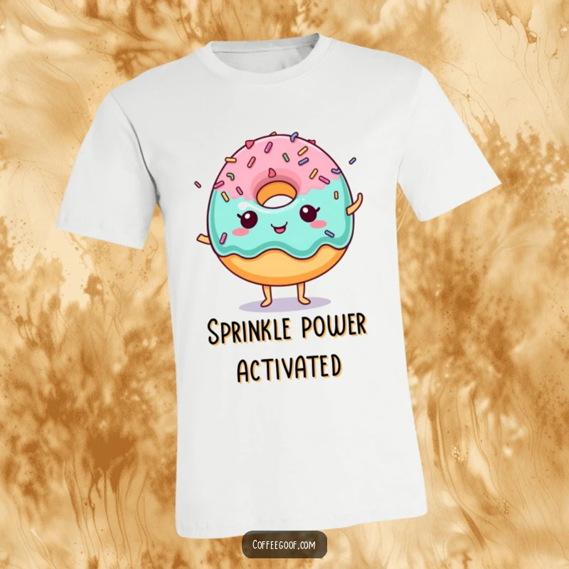 Funny Donut T-Shirt featuring a character with vibrant dancing sprinkles, perfect for dessert lovers.