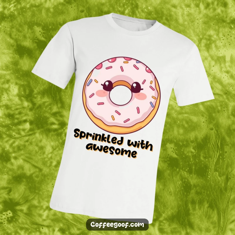 Funny T-Shirt showcasing a beaming donut with energetic sprinkles, symbolizing joy and a love for treats, making a delightful funny gift.