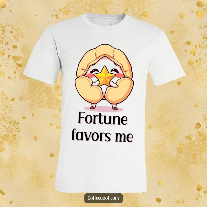 Funny t-shirt with a grinning fortune cookie cracking open to reveal a golden star, a humorous and lucky design for fans.