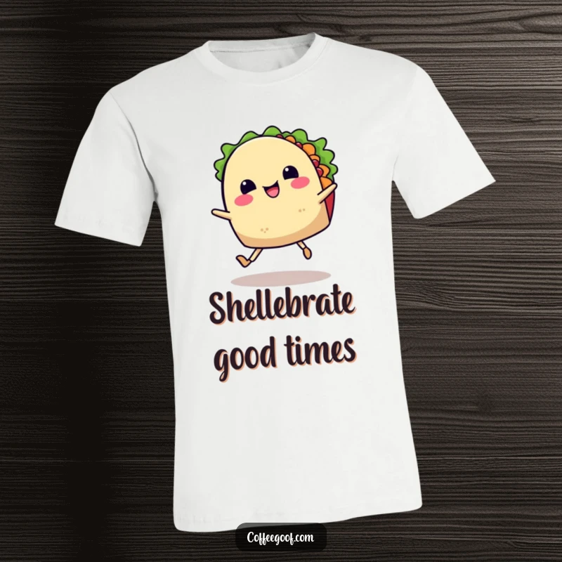Funny t-shirt graphic of a cheerful taco with legs performing a lively jig, embodying pure joy and the spirit of a Mexican fiesta.