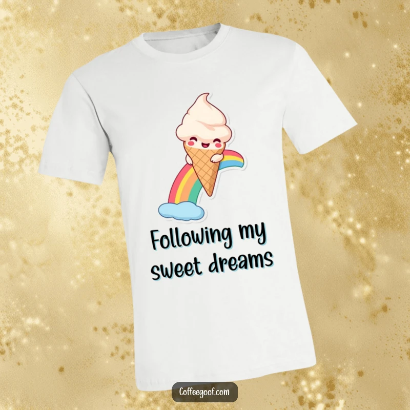 Funny Ice Cream T-Shirt showcasing a smiling anthropomorphic ice cream cone sliding down a colorful rainbow, full of joy.