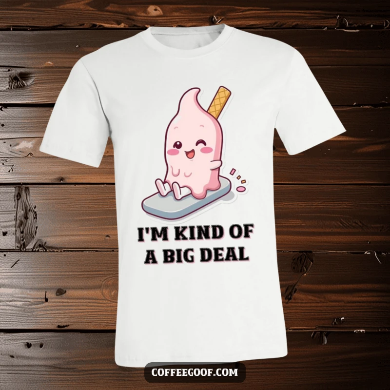 Funny melting ice cream character gleefully sliding downwards, capturing pure joy and a whimsical, sweet mood on a t-shirt.