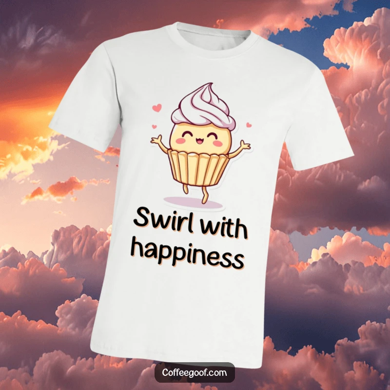 Funny t-shirt with a whimsical muffin character dancing with dynamic frosting swirls, capturing a moment of pure delight.