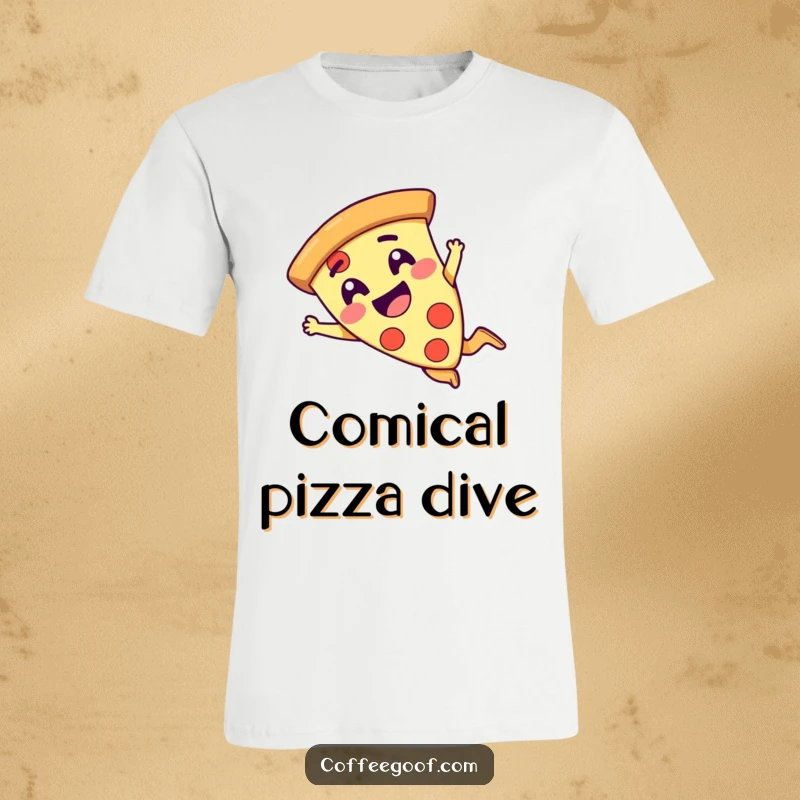 Funny giggling pizza slice character performing a comical dive on a comfortable t-shirt, a humorous food-themed design.