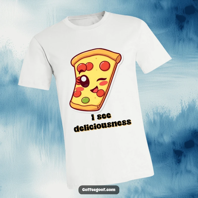 Funny pizza t-shirt showcasing a happy slice winking with its pepperoni eye, representing playful food humor and a love for pizza.