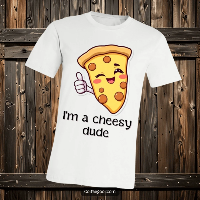 Funny pizza t-shirt featuring a smiling slice winking and giving a thumbs-up, exuding cheesy charm and playful energy.